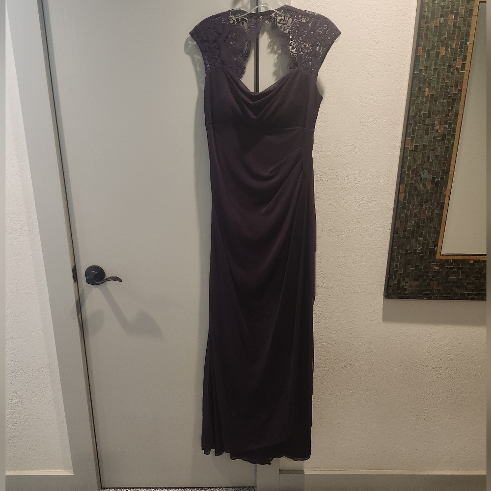 Xscape Plum Lace-Cap Maxi Dress